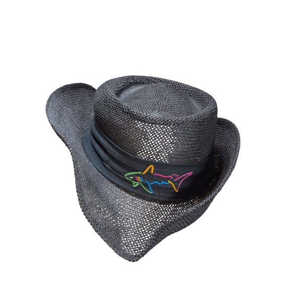 Greg Norman Black Straw Hat With Embroidered Shark Logo & Band Accent - Regular - Picture 1 of 3